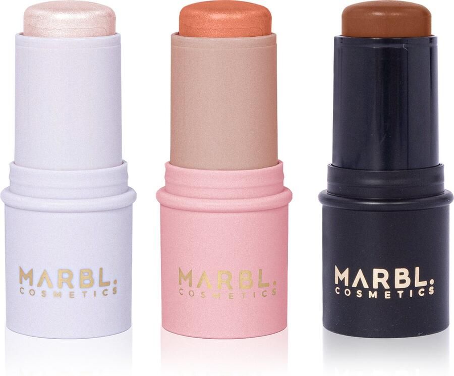 Marbl Cosmetics MARBL. Cosmetics Easy Stick & Blend Kit Alles-in-één: Foundation Concealer Blush Lipstick & Highlighter Set van 3 Light Medium