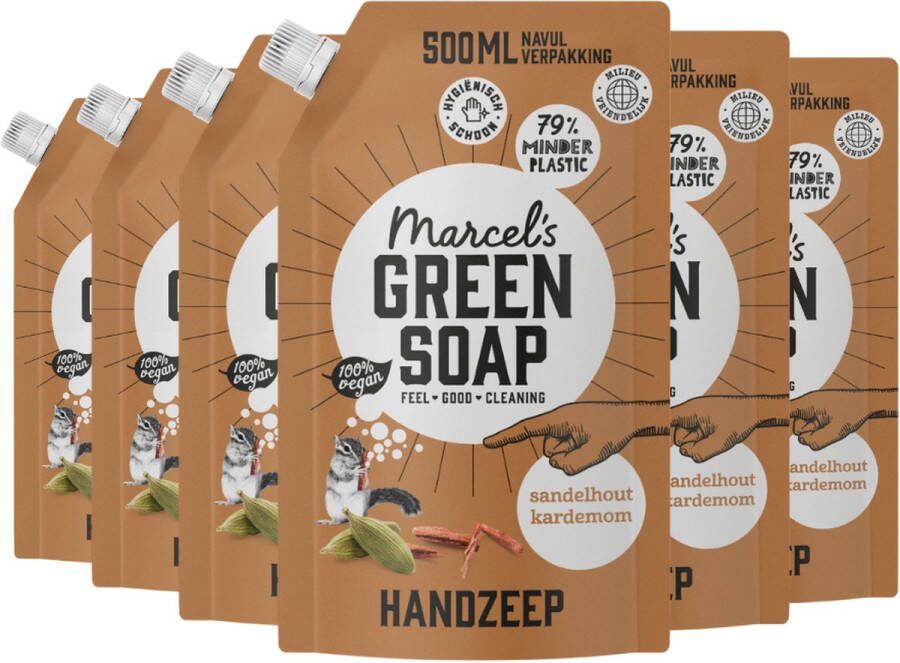 Marcel's Green Soap Handzeep Sandelhout & Kardemom navulling 6 x 500 ml