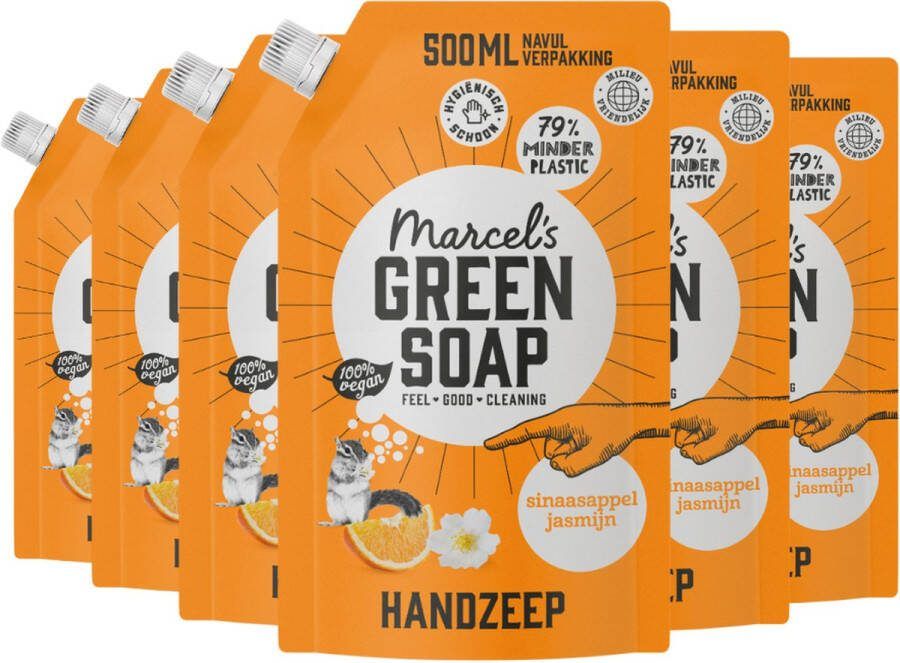 Marcel's Green Soap Handzeep Sinaasappel & Jasmijn navulling 6 x 500 ml