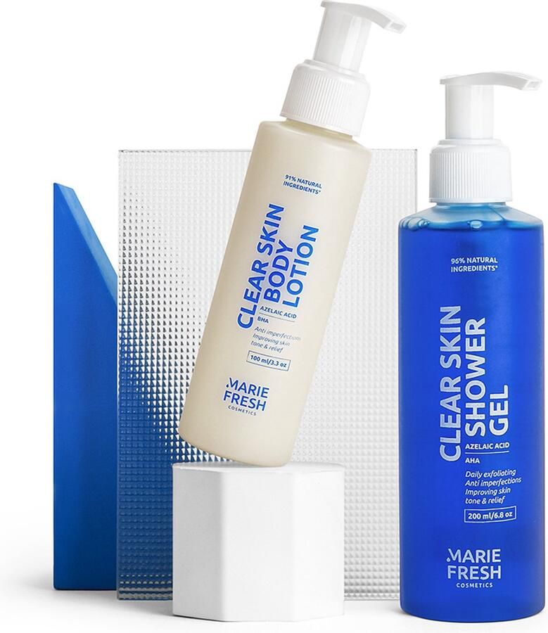 Marie Fresh Cosmetics Clear body therapy set voor probleemgebieden van het lichaam Anti acne Skincare Natuurlijk Reinigt poriën Natuurlijke douchegel Bodylotion Skin care set