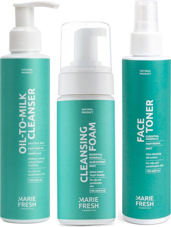 Marie Fresh Cosmetics Oil cleanser + Reinigingsschuim + Gezichtstoner met gefermenteerde mineralen Skincare voor Gecombineerde & Vette Huid Gezichtsreinigers Huidverzorgingsset