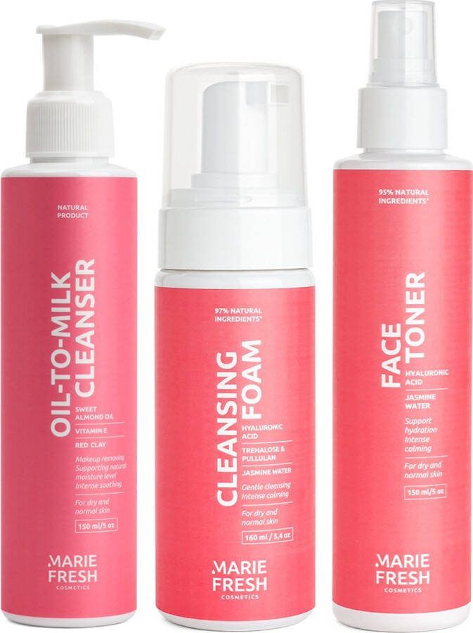 Marie Fresh Cosmetics Oil cleanser + Reinigingsschuim + Hyaluronzuur toner Skincare voor Normale & Droge Huid Gezichtsreinigers Huidverzorgingsset