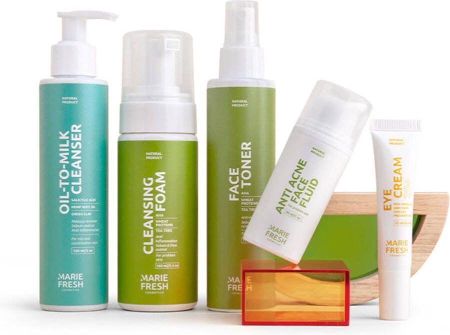 Marie Fresh Cosmetics Startersset voor een probleemhuid Gelaatsverzorging Natuurlijke set voor huidverzorging Huidverzorgingsset 5 en Oil cleanser Toner gezicht Reinigingsmousse Hydraterende gezichtscrème Oogcremes