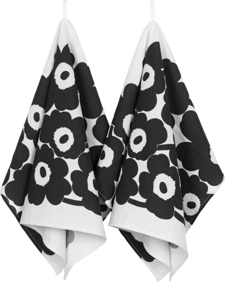Marimekko theedoeken linnen Unikko zwart wit set van 2 47 x 70 cm