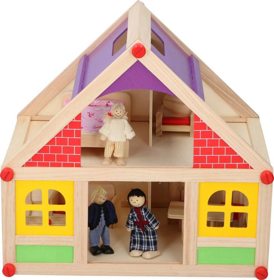 Merkloos Marionette Wooden Toys Houten Poppenhuis Incl. Meubels en Poppetjes 11-delig