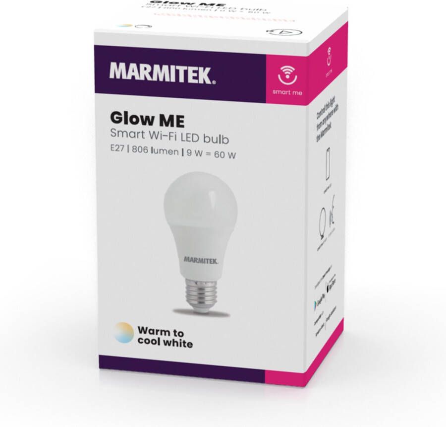 Marmitek Wifi Lamp E27 Glow ME Werkt met Google Home LED lamp E27 Warm tot koud wit instelbaar LED lamp Gloeilamp