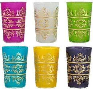 Marocstore.nl Gekleurde Marokkaanse Theeglazen met traditionele gouden patronen (pak van 6 glazen)