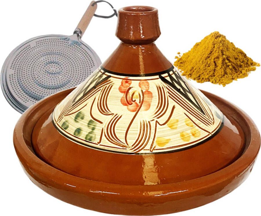 Marocstore.nl Marokkaanse aardewerk authentieke tajine 35 cm + Kruiden en vlamverdeler