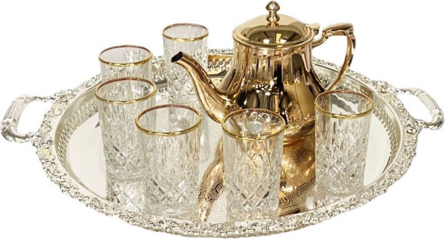 Marocstore.nl Marokkaanse Theeset goud theepot 6 glazen met goud rand dienblad