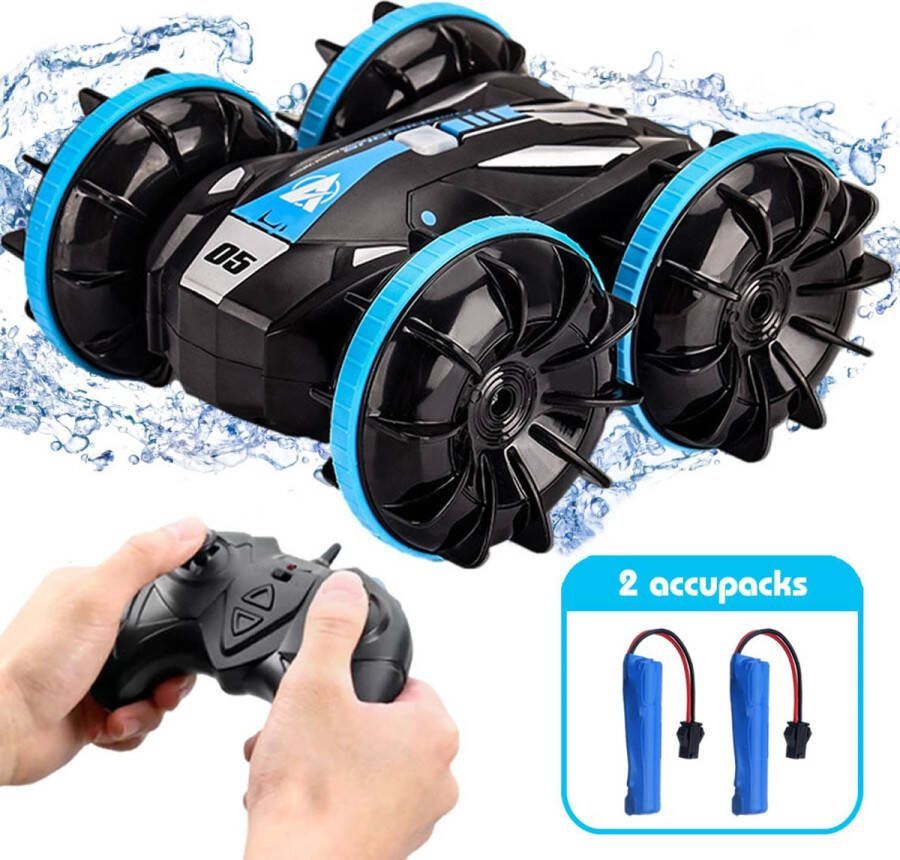 MAROGEAR Amfibie Stunt RC Auto Blauw Afstandbestuurbare auto voor kinderen Kan in het water sneeuw of op het land Schaal 1:20 Waterdicht 2 Accupacks Radiografisch Bestuurbare Auto voor kinderen vanaf 5 jaar