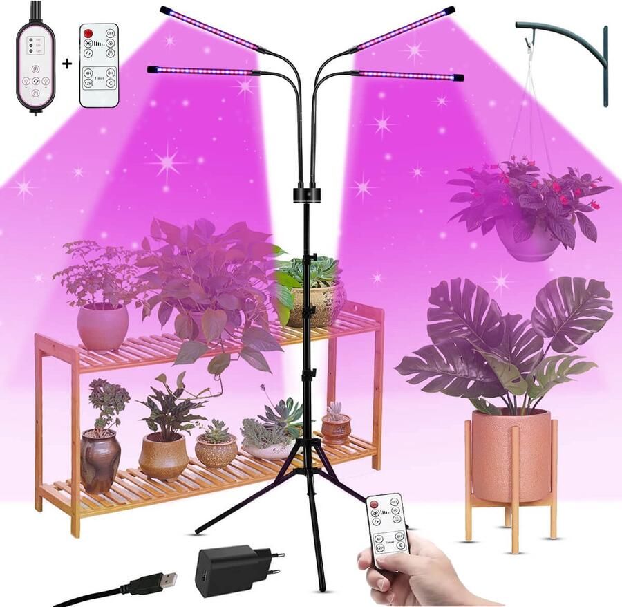 MAROGEAR LED Groeilamp op statief + Timer Dimmer Afstandsbediening en UBS 220V stekker Plantenverzorging Indoor Kweeklamp Complete Plantenlamp set
