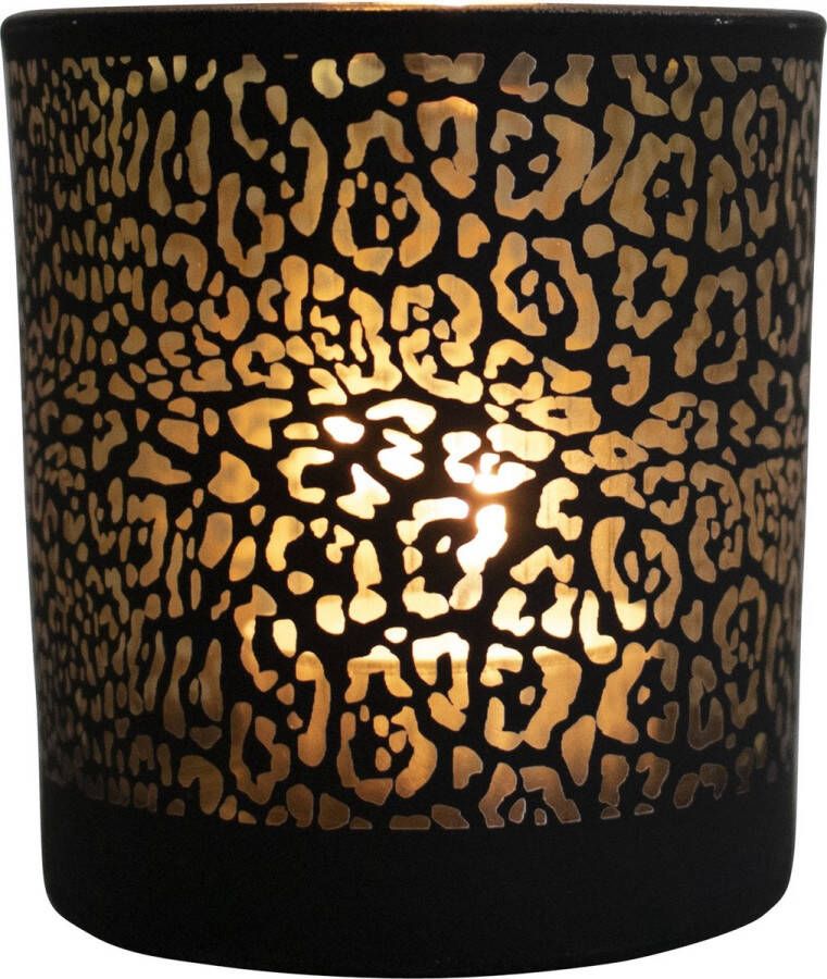 Mars & More Theelichthouder waxinelichthouder glas mat zwart 18 cm jaguar print Windlichtjes kaarsenhouders