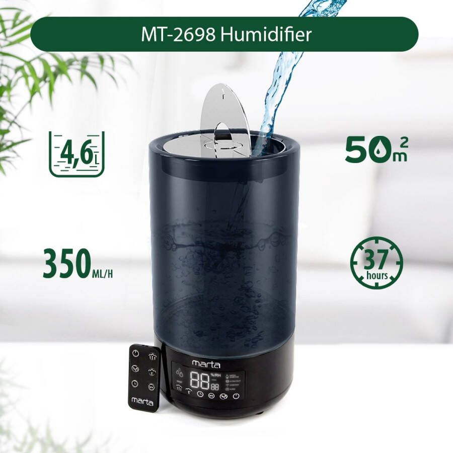MARTA MT-2698 – Luchtbevochtiger – met Aromatherapie Ultrasoon – Hygrometer Verwarm functie UV lamp – Timer Automatisch op peil 30W – 4 6L 50M2