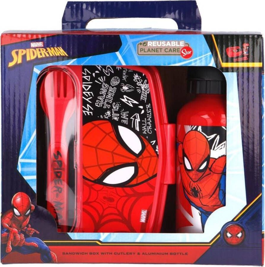 Marvel Spiderman lunchset broodtrommel beker vork en lepel Spider-Man set rood
