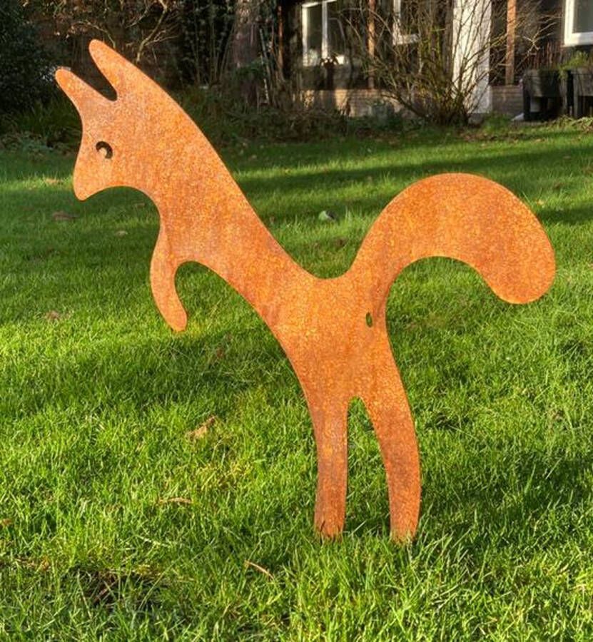 Marys Metals tuindecoratie springende vos 70 cm hoog tuinsteker gazonsteker metaal roest tuinbeeld