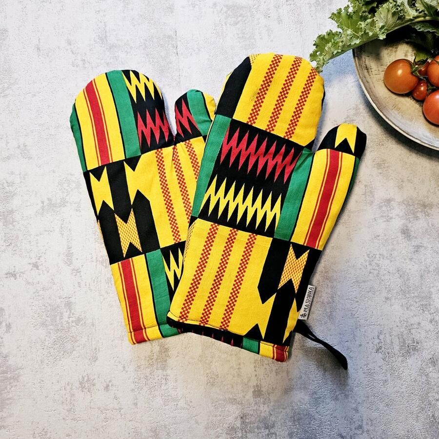 Mashona Collections Ovenwanten Set van 2| Handgemaakte Afrikaanse Boheemse stijl geometrische 'Mudcloth' Bogolan geïnspireerde print ovenwanten