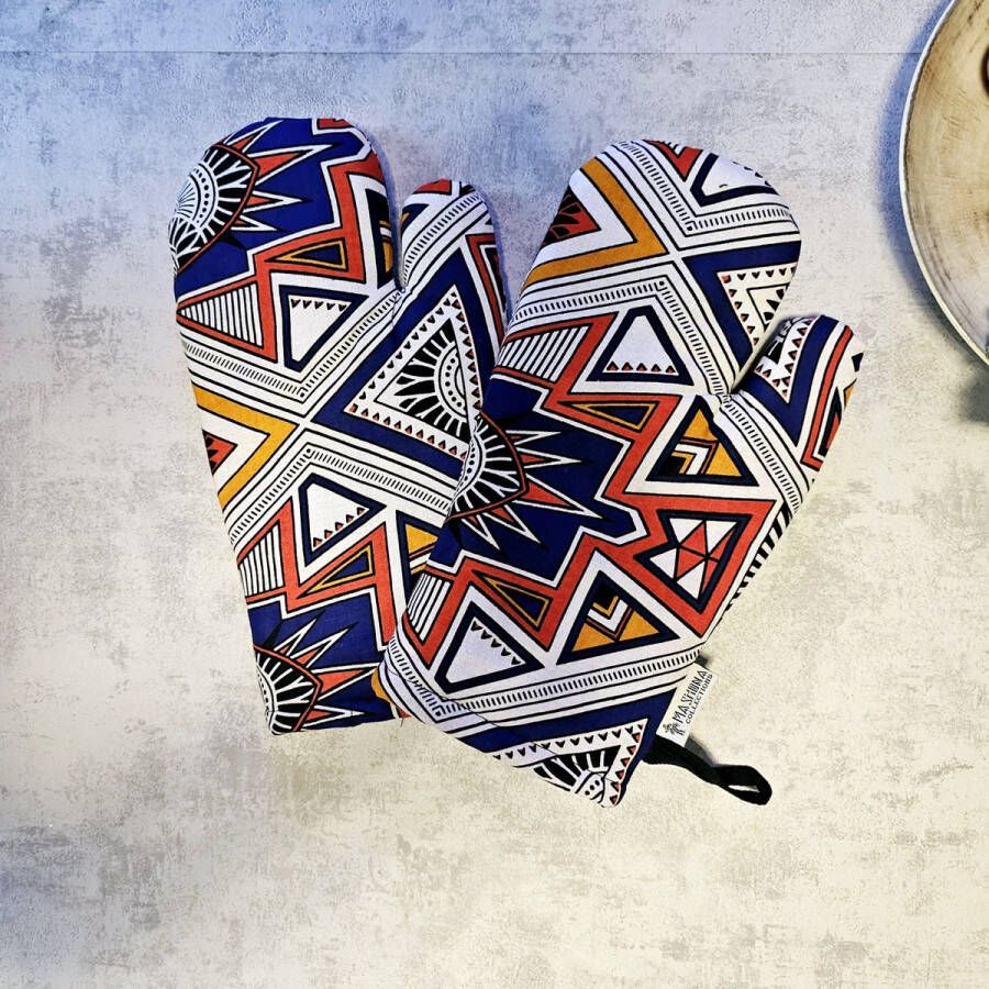 Mashona Collections Ovenwanten Set van 2| Handgemaakte Afrikaanse Boheemse stijl geometrische 'Mudcloth' Bogolan geïnspireerde print ovenwanten