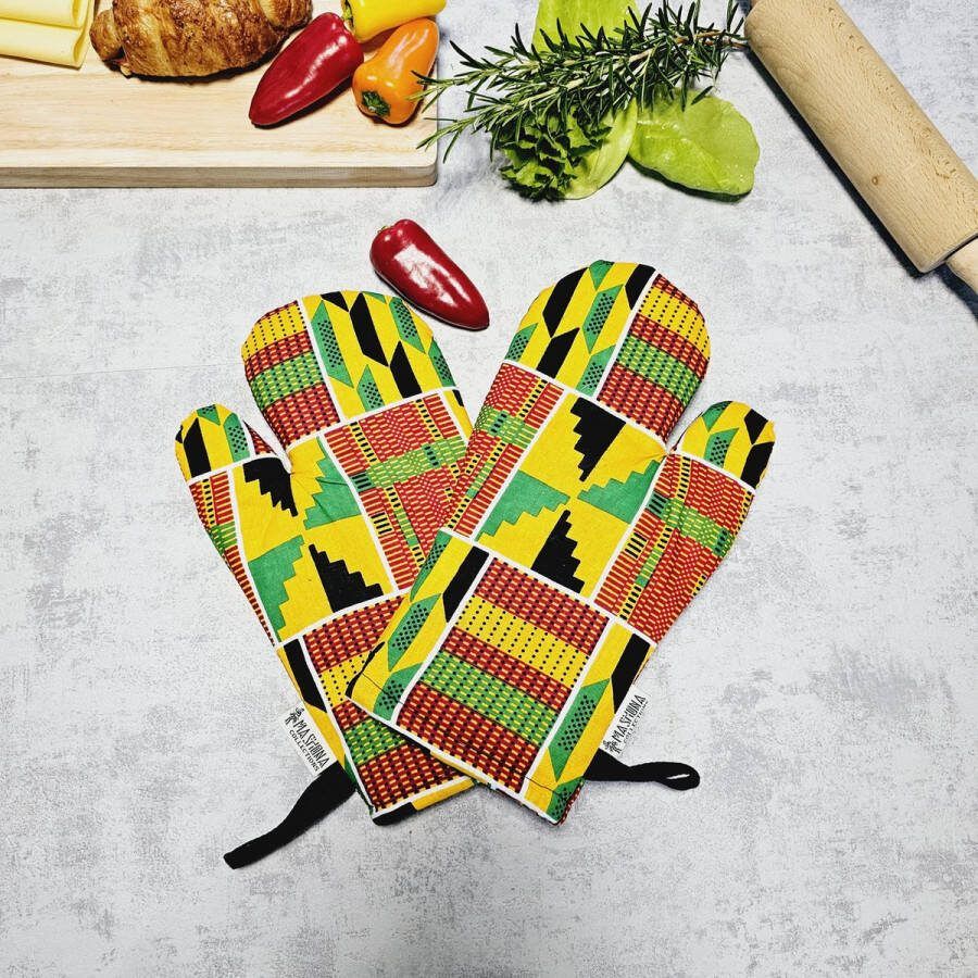 Mashona Collections Ovenwanten Set van 2| Handgemaakte Afrikaanse Boheemse stijl geometrische 'Mudcloth' Bogolan geïnspireerde print ovenwanten