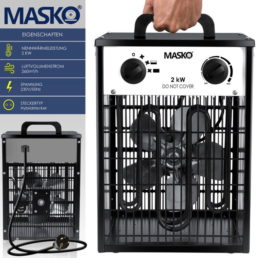 Masko Bouwkachel 2kW Ventilatorkachel voor Binnen- en Buiten Elektrische Kachel Keramische Werkplaatskachel Electrische Verwarming 2000 Watt Wit