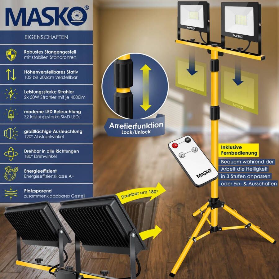 Masko LED Bouwlamp op statief 2x 50W Buitenlamp 6500K met afstandsbediening Werklamp voor binnen en buiten IP65 5m hoogte verstelbaar tot max. 202cm Geel Zwart