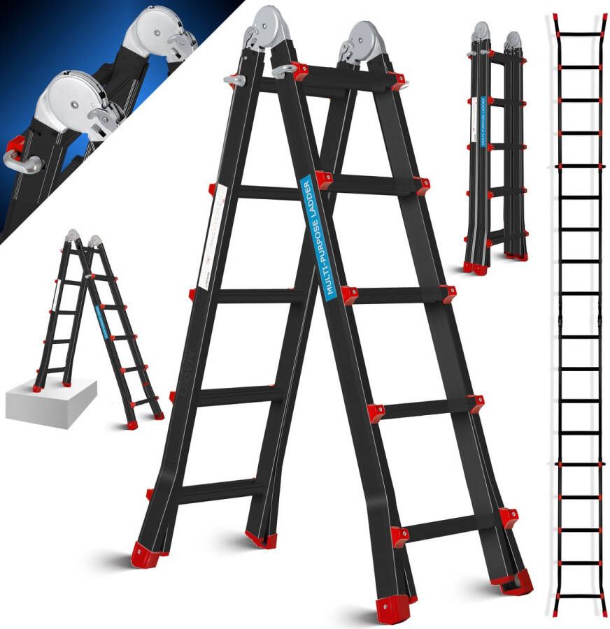Masko telescopische ladder aluminium multifunctionele ladder 5 10m 4x5 sporten Werkladder vouwladder enkele ladder dubbelzijdige trapladder Zilver Blauw