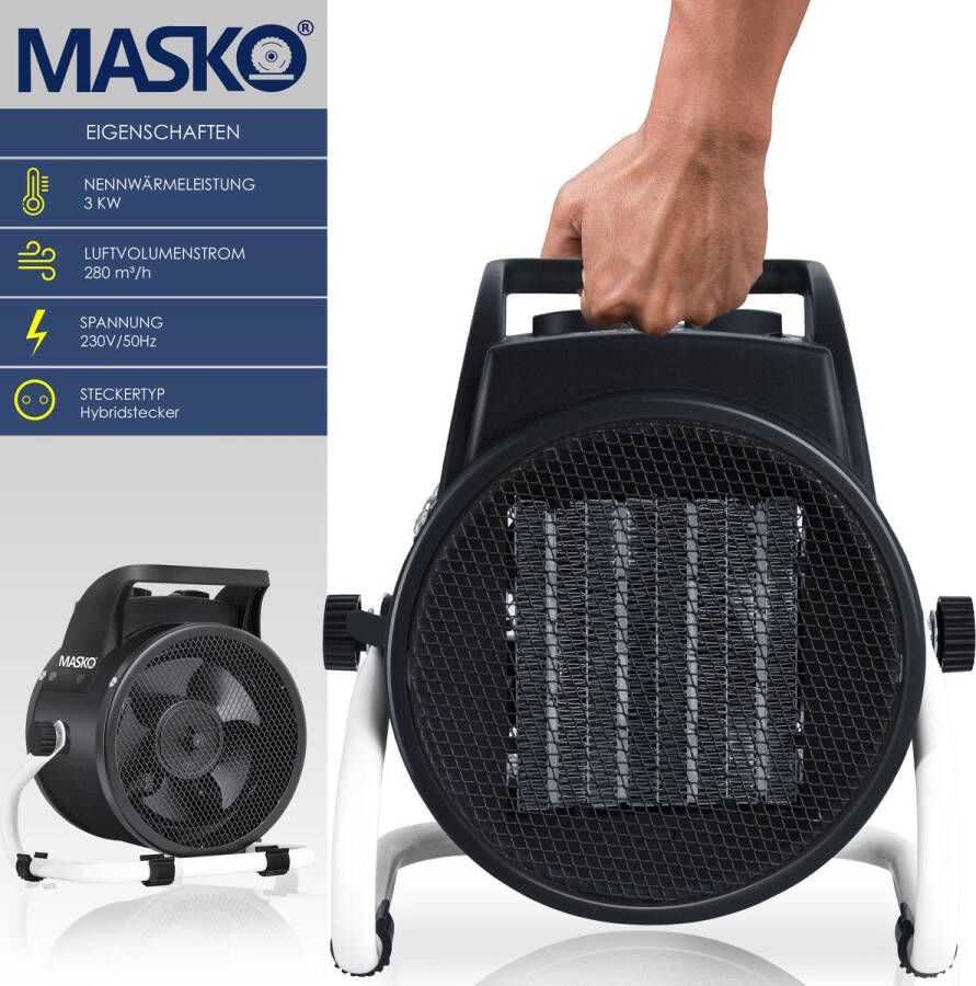 Masko Ventilatorkachel 3kW Elektrische Kachel voor Binnen- en Buiten Bouwkachel Keramische Werkplaatskachel Electrische Verwarming 3000 Watt Wit