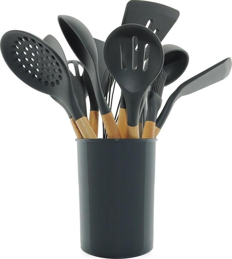 MassKitchen Hescom 12-delige Siliconen Keukengerei set met Houder Kookgerei set met Ergonomisch design Antraciet Grijs