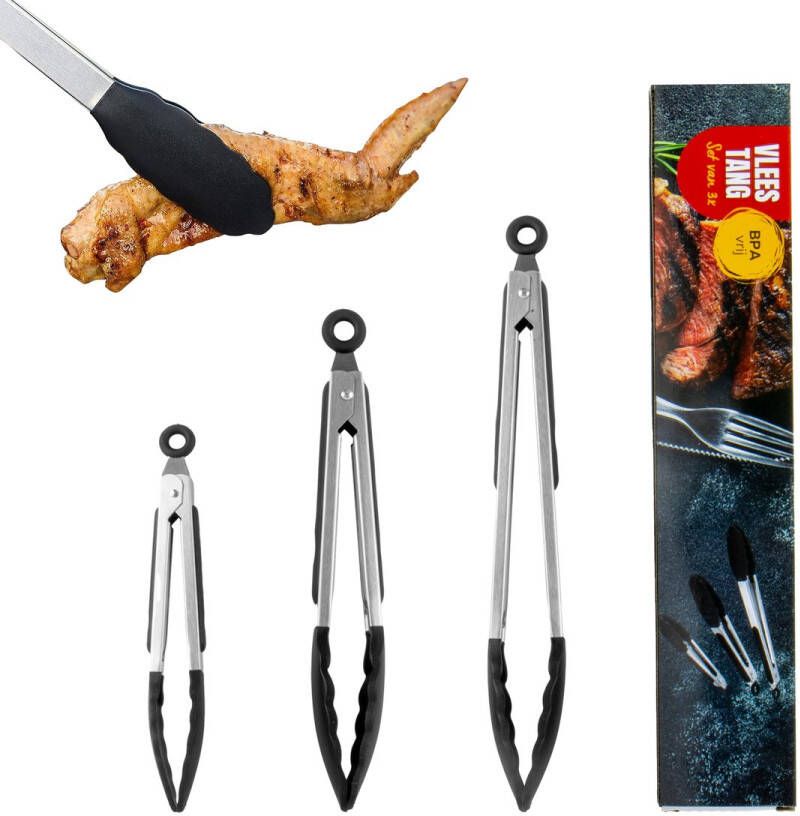 Master knives 3x Keukentang RVS Serveertang BBQ tang Barbequetang Vleestang 3 Handige maten 33 cm 27 cm en 20 cm Zwart