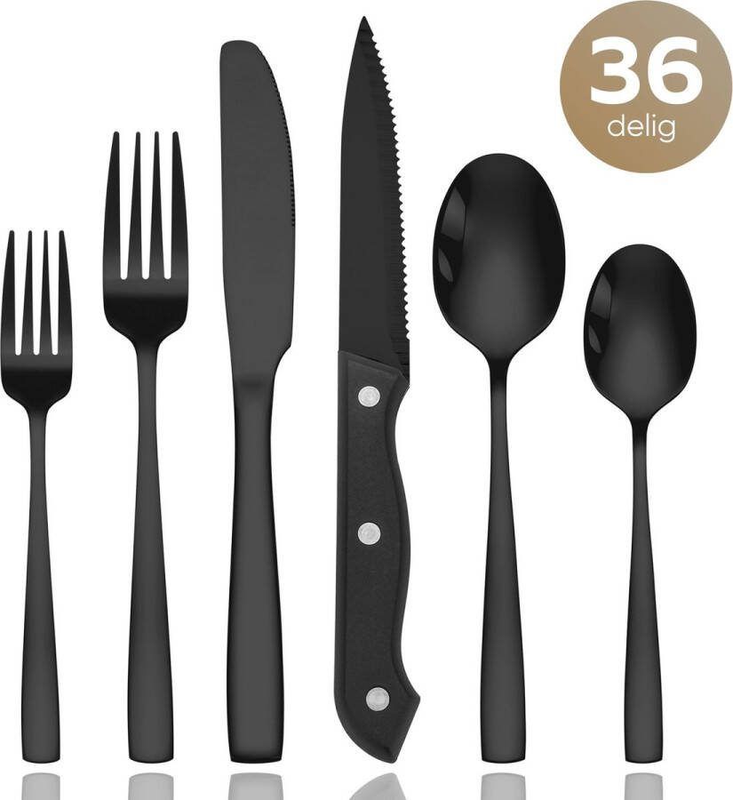 Master knives 6 Persoons Bestekset (36-delig) Lepels Messen Vorken & Steakmessen Vaatwasserbestendig Zwart RVS