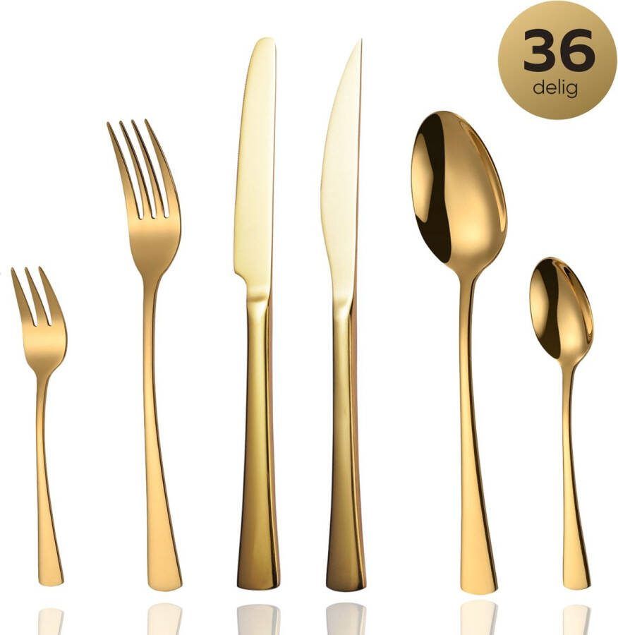 Master knives 6 Persoons Bestekset Prestige Lepels Messen Vorken Steakmessen & Gebaksvorkjes Vaatwasserbestendig Goud Edelstaal