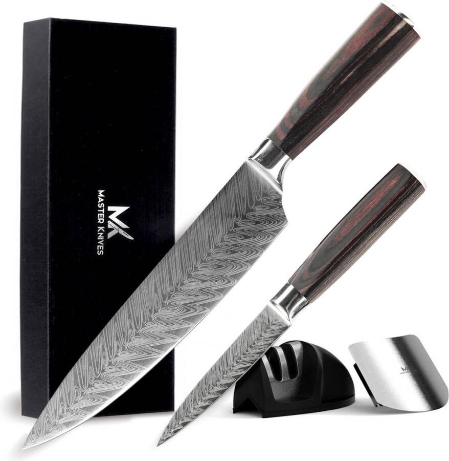 Master knives Professioneel Koksmes met Messenslijper 20 CM Groente Mes 17 CM Incl Vingerbeschermer Vlijmscherp japanse messen