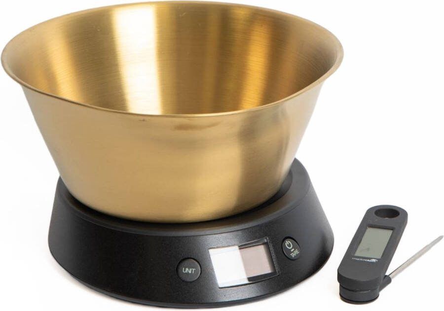 Masterclass 2-delige keukenhulpset inclusief 5 kg digitale weegschaal met messing schaal en inklapbare digitale thermometer