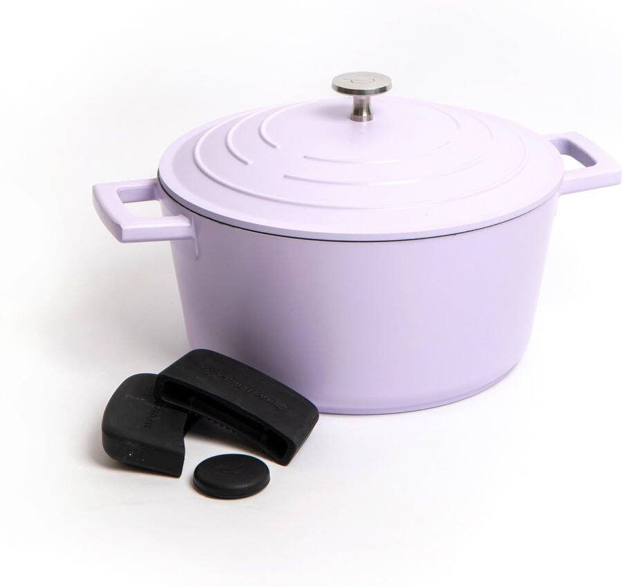Masterclass 2-delige pannenset met lavendel anti-aanbak gietaluminium braadpan 24 cm 4 liter en 3-delige siliconen afdekplaat met handgrepen geschenkverpakking