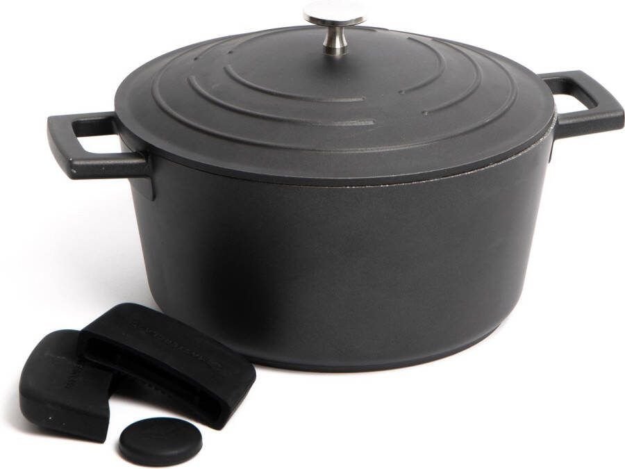 Masterclass 2-delige pannenset met zwarte anti-aanbak gietaluminium braadpan 24cm 4L en 3-delige siliconen afdekplaat met handgrepen geschenkverpakking