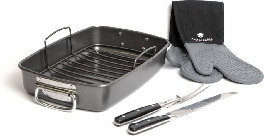 Masterclass 4-delige braadset met antiaanbak braadslede & rooster vleesvork & vleesmes en siliconen dubbele ovenhandschoenen met duimen
