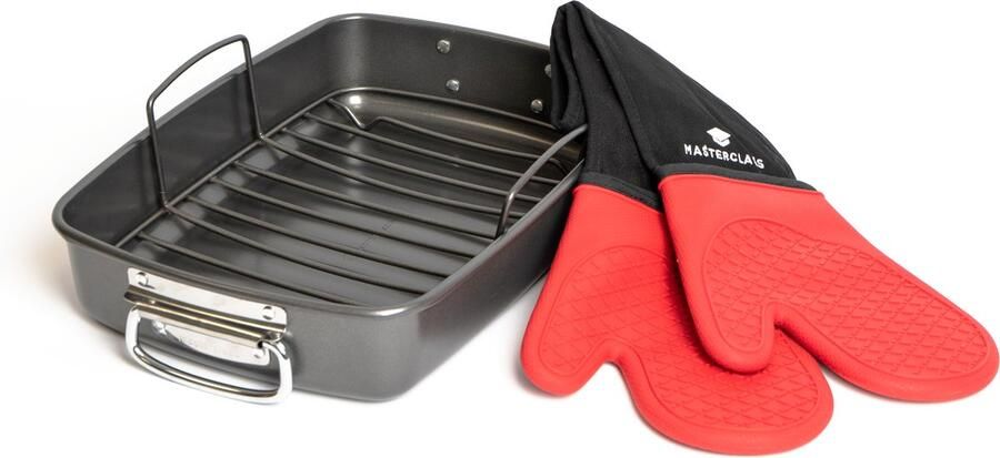 Masterclass 2-delige braadset met antiaanbak grote braadslede & rooster en vlekbestendige siliconen dubbele ovenwanten