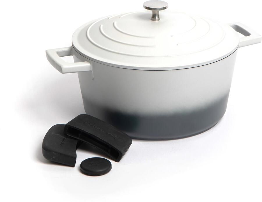 Masterclass 2-delige pannenset met grijze ombre anti-aanbak gietaluminium braadpan 24 cm 4 liter en 3-delige siliconen afdekplaat voor handgrepen geschenkverpakking