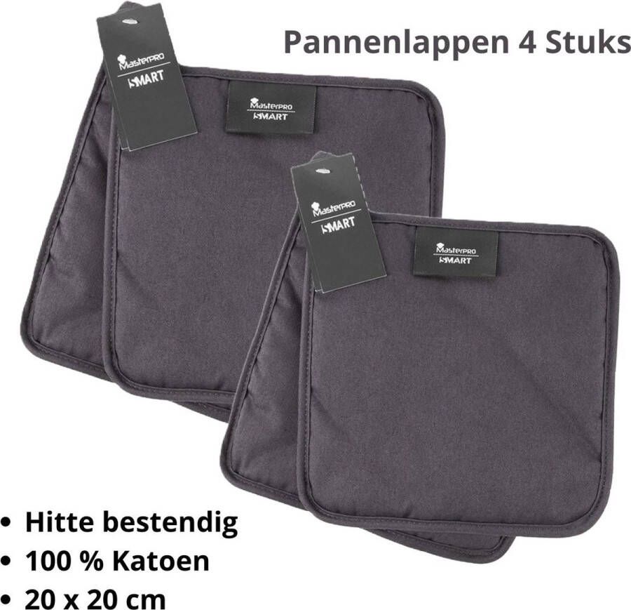 Masterpro Smart Pannenlappen -4 stuks -20x20cm-Hittebestendig -Panonderzetter 100% Katoen-Antraciet