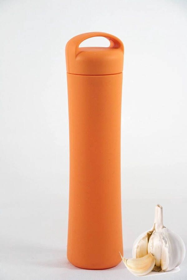 Mastrad knoflookpers knoflookpeller bewaartube oranje siliconen 15cm