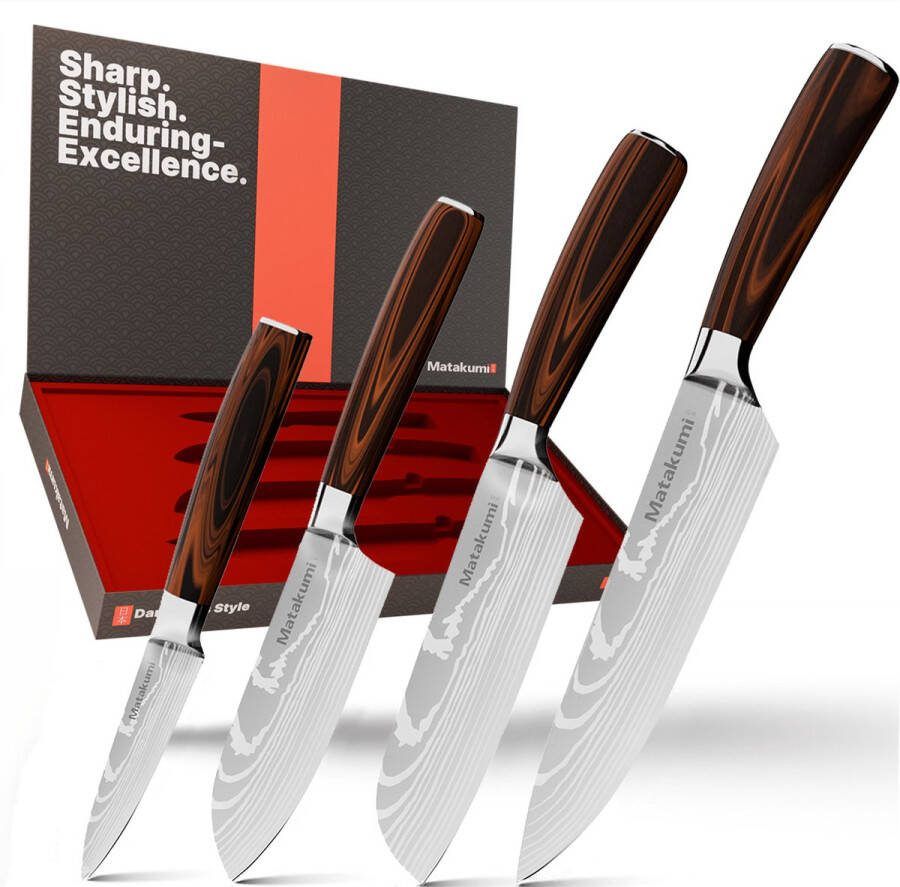 Matakumi Messenset Damascus Stijl 4-Delige Messenset Damascus Print Japanse Keukenmessen Perfect Voor Hobbykoks en de Professionele Keuken