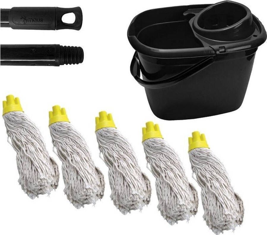 MAUS complete dweil set gerecycled -14 liter emmer zwart inclusief steel en 5 spaanse moppen geel