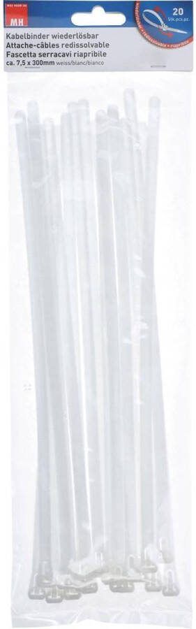Max Hauri AG Max Hauri 136686 Kabelbinder 300 mm 7.5 mm Wit Hersluitbaar Flexibel 20 stuk(s)