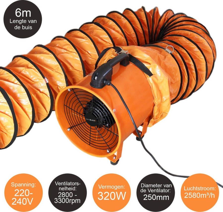 MAXBLAST Professionele Ventilator + 6 meter opvouwbare slang Ø 250 mm 320 W afzuiger stofafzuiging