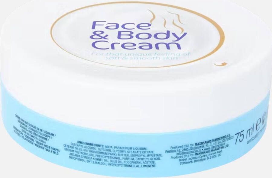Maxbrands Marketing Face & Body cream 75 ml Gezichts- en lichaamscrème Aqua Huidcrème Vegan