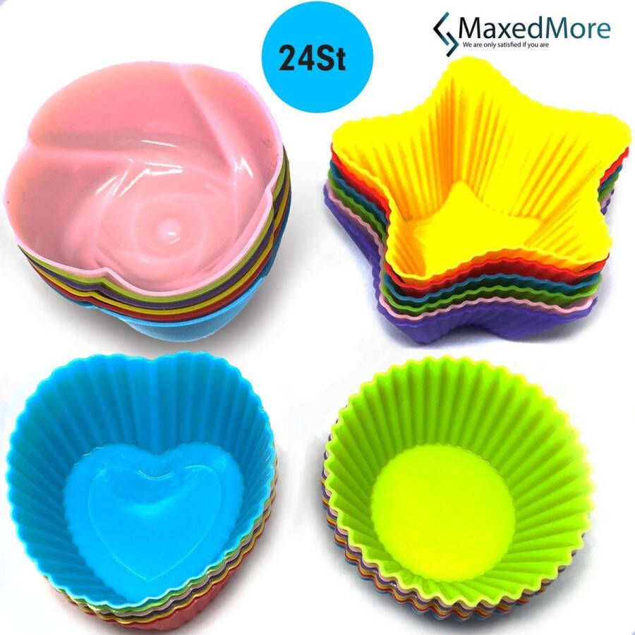MaxedMore Cupcake vormpjes set – Siliconen bakvormen – Met E-Book Cupcake decoratie – 4 vormen van 6 stuks – 24 siliconen cupcake taartdecoratie set – 6 verschillende kleuren