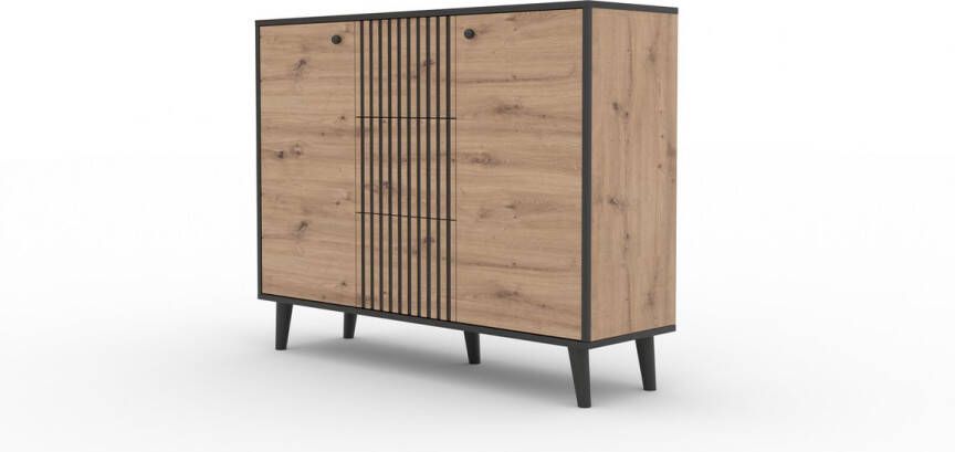 Maxi Huis FADI ladekast Hoge poten Drie lades Planken 120 cm Artisan + Zwart