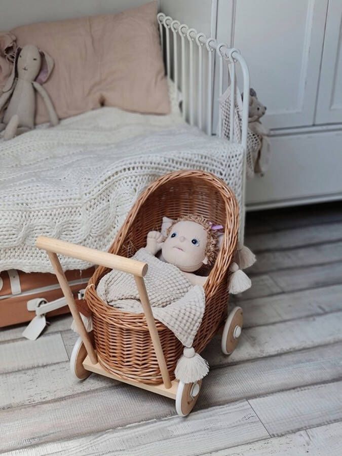 Maxi Huis POPPENWAGEN RIETEN HOUT HANDGEMAAKT NATUURLIJK