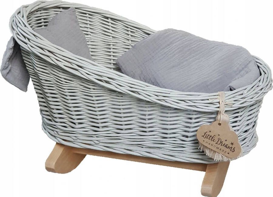 Maxi Maja Poppenbed Wieg Rieten Lichtgrijs Handgemaakt