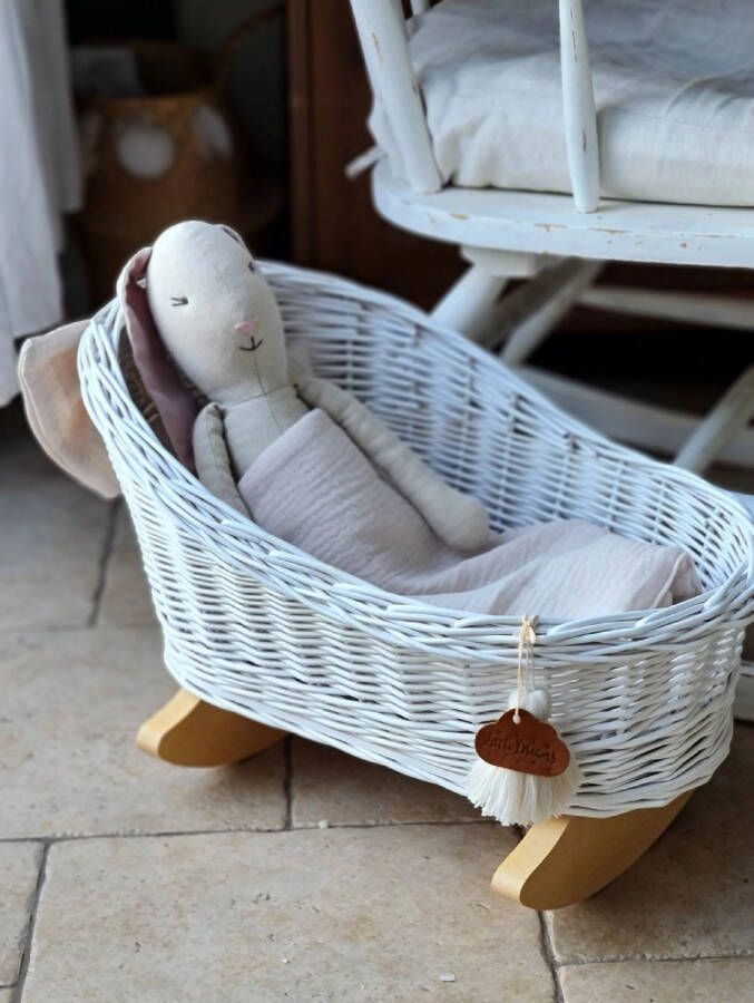 Maxi Maja Poppenbed Wieg Rieten Wit beddengoed Handgemaakt