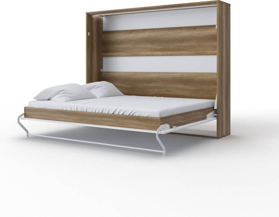 Maxima House INVENTO 15 Elegance Horizontaal Vouwbed Logeerbed Opklapbed Bedkast Inclusief LED Country Eiken Hooglans Wit 200x160 cm